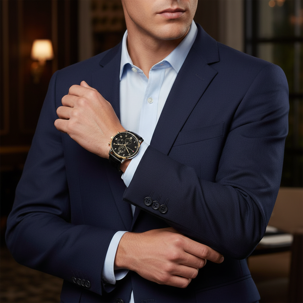 Male model wearing Tommy Hilfiger 1791986 two-tone watch with a classic formal outfit