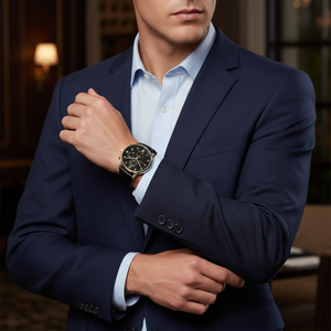 Male model wearing Tommy Hilfiger 1791986 two-tone watch with a classic formal outfit