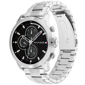 Left side perspective of the Tommy Hilfiger 1792048 black dial and silver bracelet