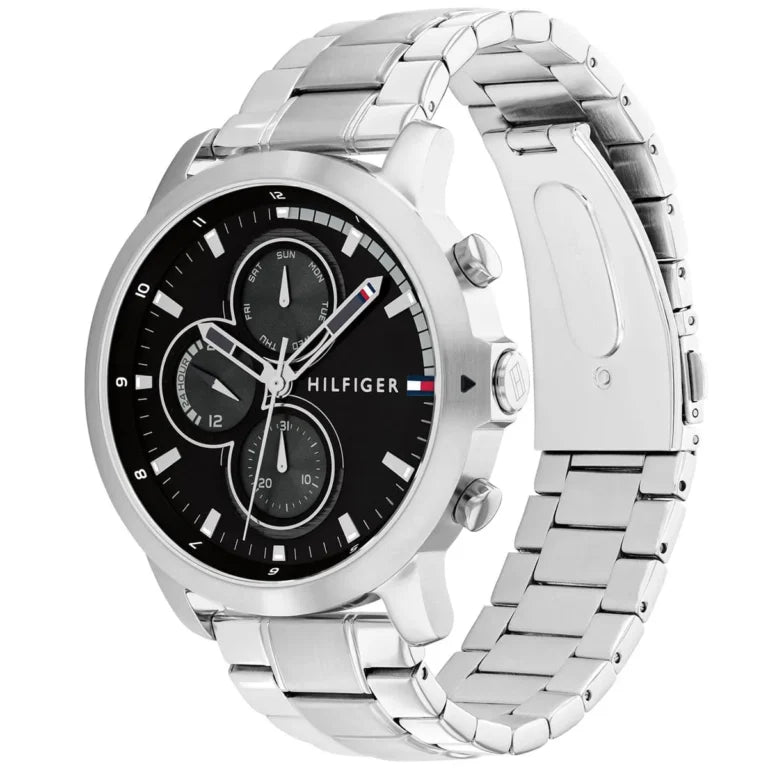 Left side perspective of the Tommy Hilfiger 1792048 black dial and silver bracelet