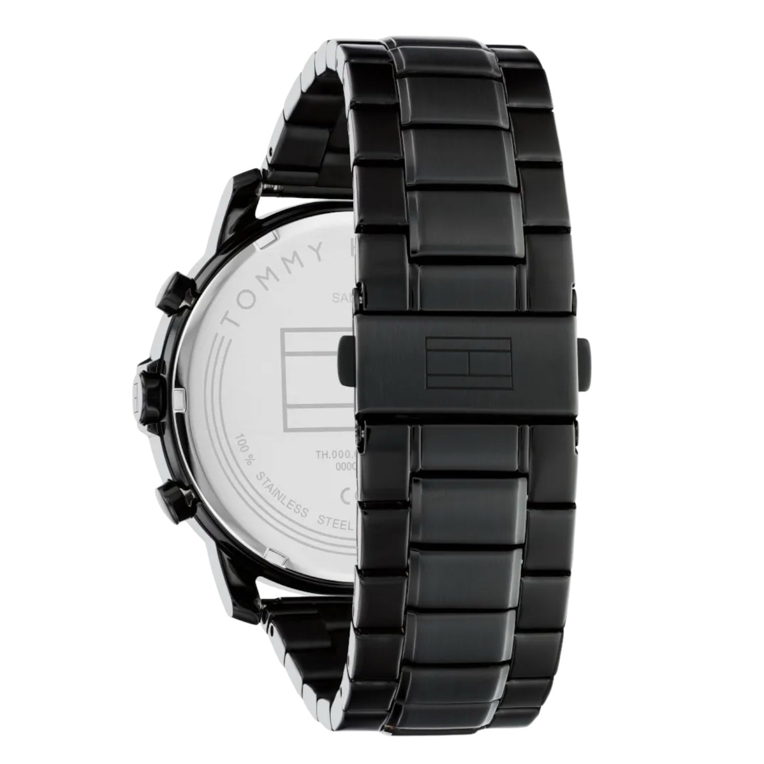 Left side perspective of the Tommy Hilfiger 1792049 navy dial and black link bracelet