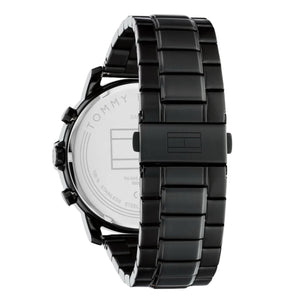 Left side perspective of the Tommy Hilfiger 1792049 navy dial and black link bracelet