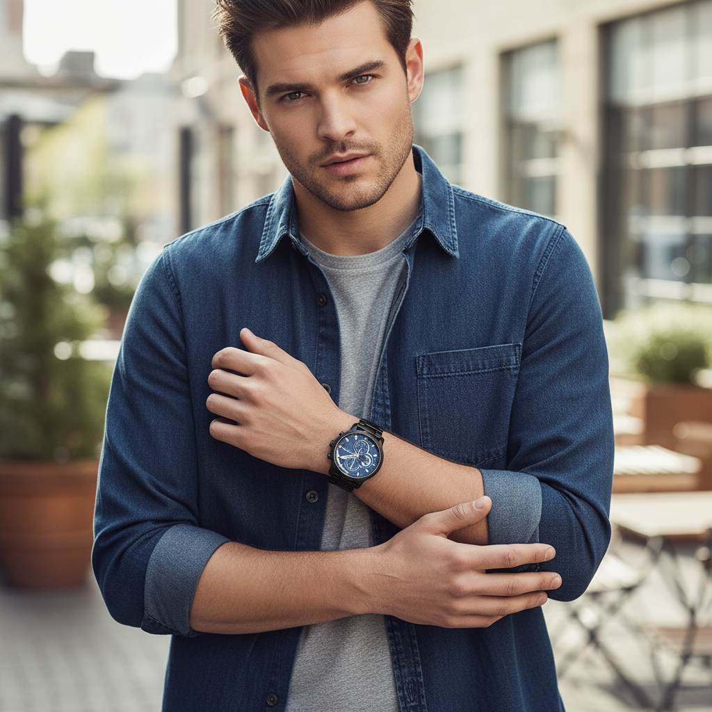 Male model wearing Tommy Hilfiger 1792049 black and navy watch with a bold sporty outfit