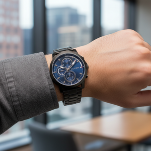 Close up shot of Tommy Hilfiger 1792049 watch on wrist showing the navy dial and black case details