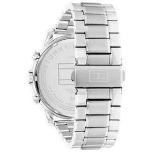 Detailed side view of the silver crown and pushers on the Tommy Hilfiger 1792050