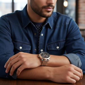 Male model wearing Tommy Hilfiger 1792050 two-tone watch with a smart luxury outfit