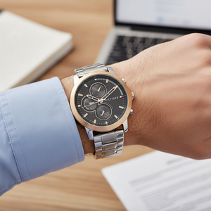 Close up shot of Tommy Hilfiger 1792050 watch on wrist showing the rose gold accents and grey dial
