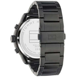 Left side perspective of the Tommy Hilfiger 1792070 textured dial and black bracelet