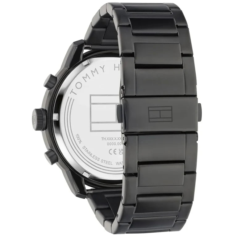 Left side perspective of the Tommy Hilfiger 1792070 textured dial and black bracelet