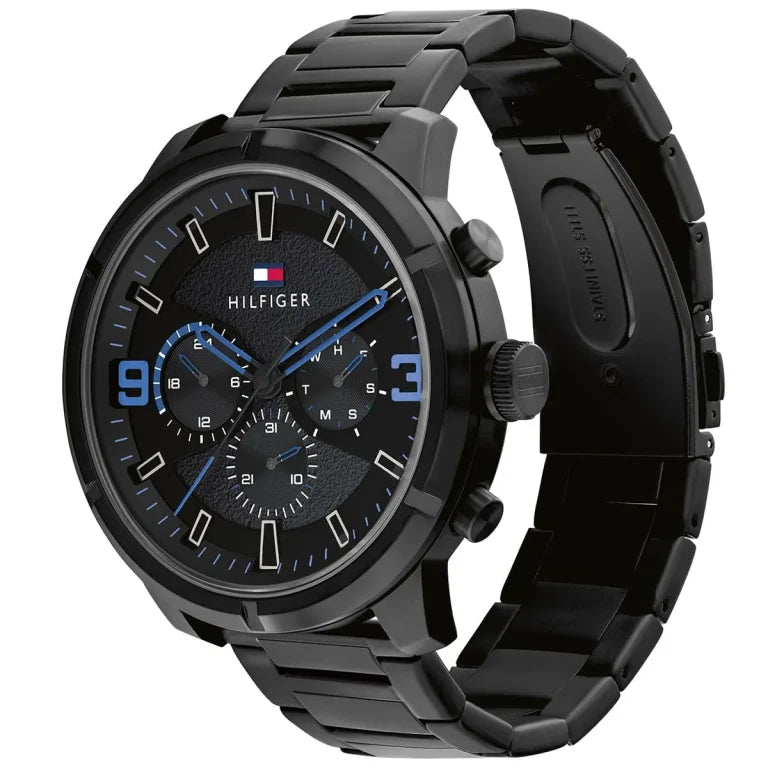Angled view of the Tommy Hilfiger 1792070 highlighting the robust black ion-plated stainless steel case