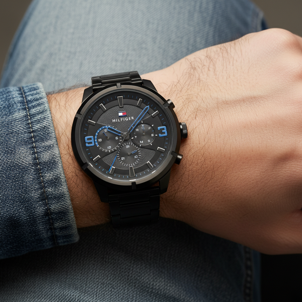 Close up shot of Tommy Hilfiger 1792070 watch on wrist showing the oversized 50mm case and blue accents