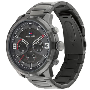 Left side perspective of the gunmetal case and sleek bezel details of the Tommy Hilfiger watch
