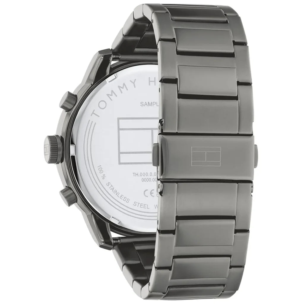 Angled view of Tommy Hilfiger 1792071 highlighting the polished gunmetal case and integrated stainless steel bracelet