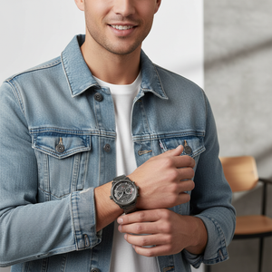Man wearing Tommy Hilfiger gunmetal grey metal watch for a sharp, bold, and sporty everyday look