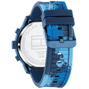 Left side perspective of the Tommy Hilfiger 1792073 blue dial and camo silicone strap