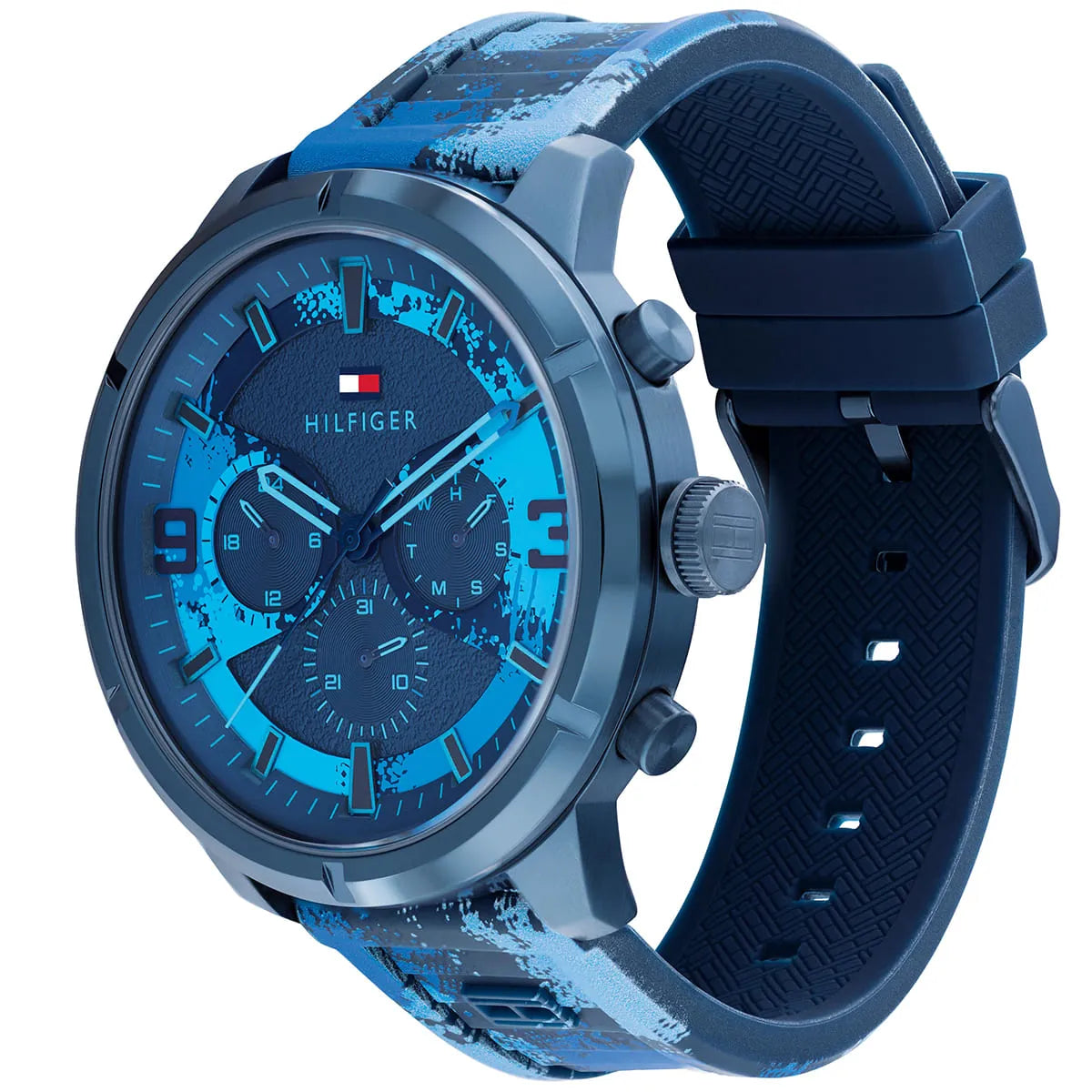 Angled view of the Tommy Hilfiger 1792073 highlighting the blue ion-plated stainless steel case