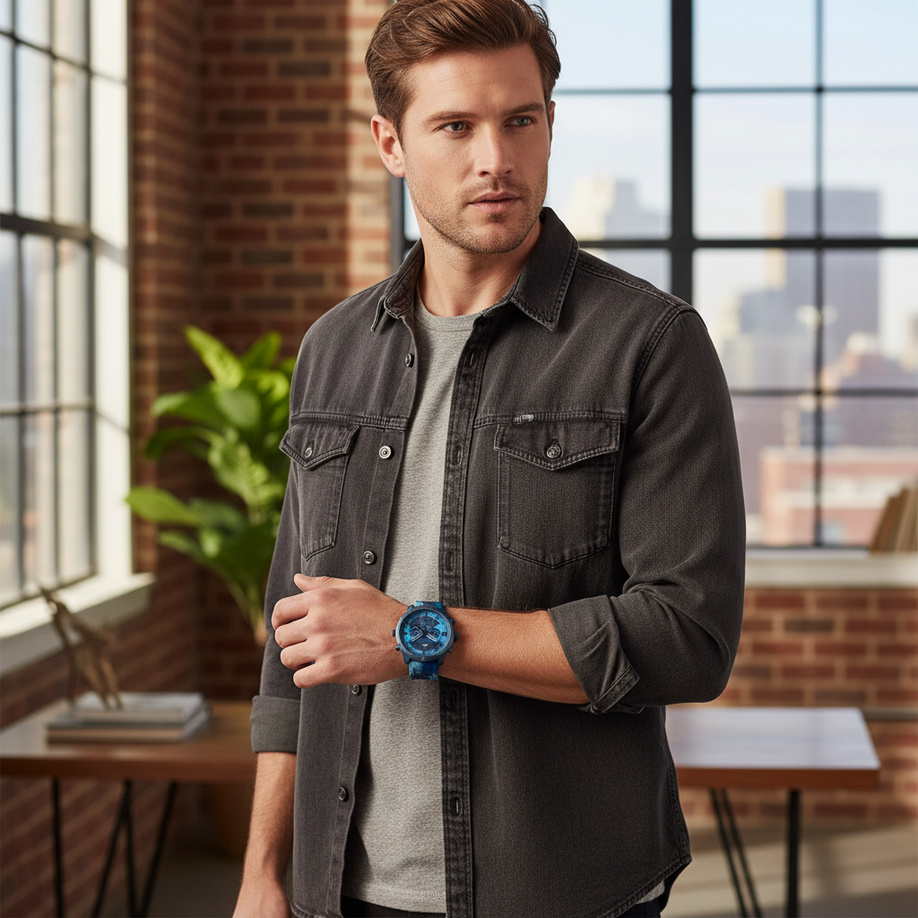 Male model wearing Tommy Hilfiger 1792073 blue wild watch with an outdoor adventure outfit