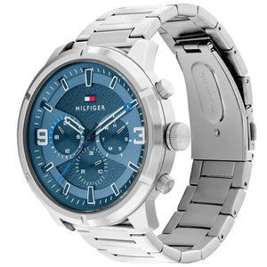 Left side perspective of the Tommy Hilfiger 1792077 blue dial and silver bracelet