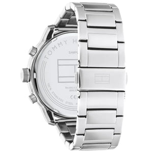 Angled view of the Tommy Hilfiger 1792077 highlighting the robust silver stainless steel case