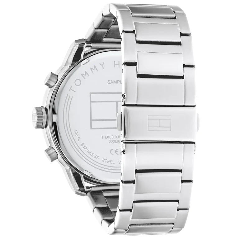 Angled view of the Tommy Hilfiger 1792077 highlighting the robust silver stainless steel case