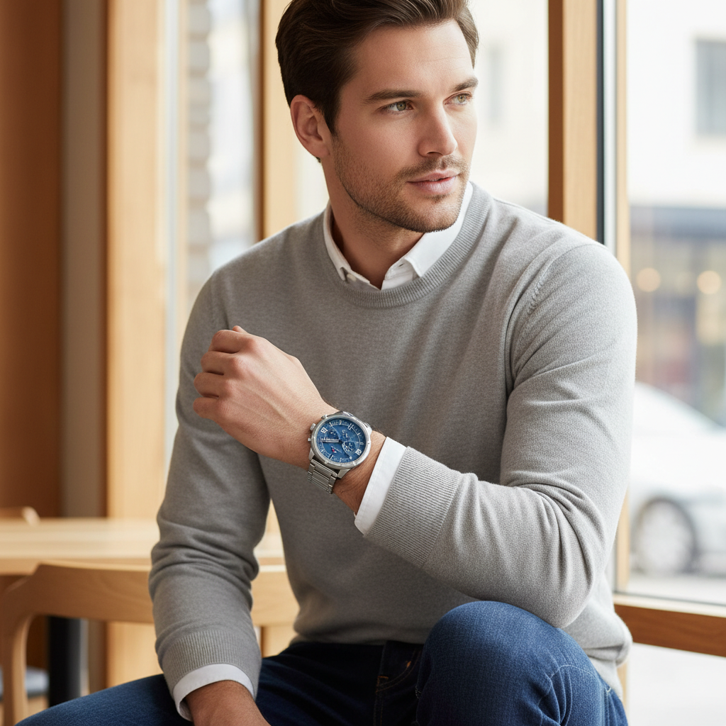 Male model wearing Tommy Hilfiger 1792077 silver wild watch with a rugged outdoor outfit