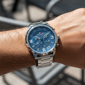 Close up shot of Tommy Hilfiger 1792077 watch on wrist showing the oversized 50mm case and grain dial