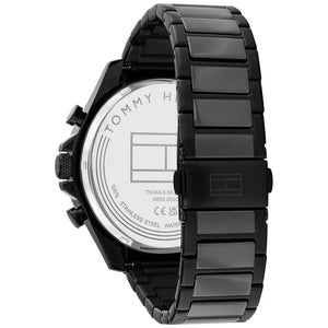 Left side perspective of the black case and sporty bezel details of the Tommy Hilfiger watch