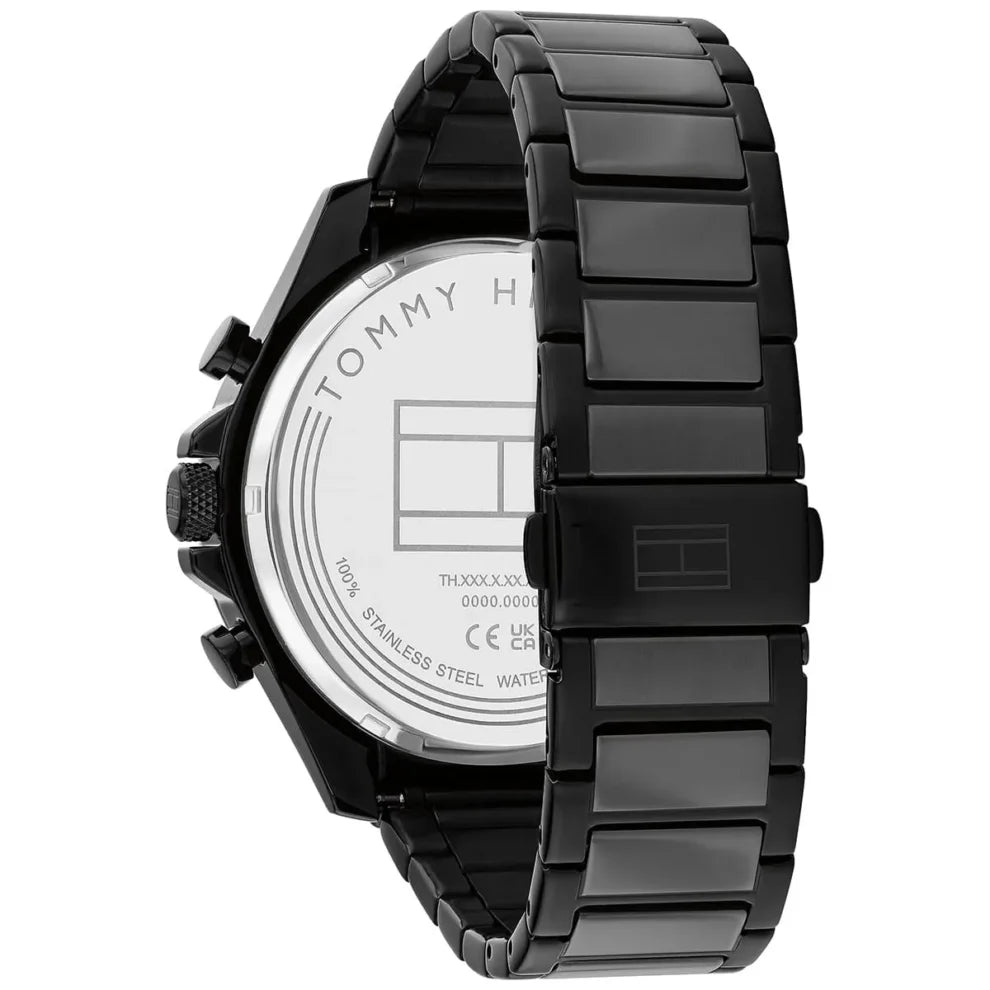 Left side perspective of the black case and sporty bezel details of the Tommy Hilfiger watch