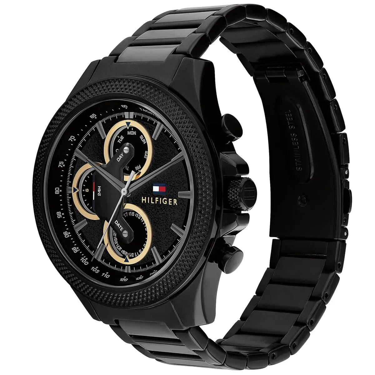 Angled view of Tommy Hilfiger 1792081 highlighting the polished black case and integrated stainless steel bracelet