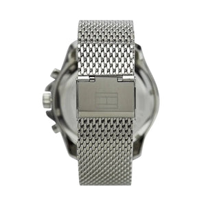 Left side perspective of the Tommy Hilfiger 1792092 black dial and silver mesh bracelet