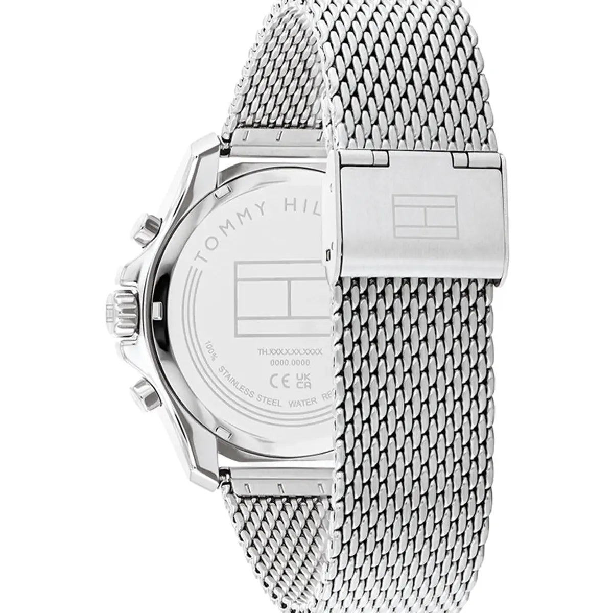 Angled view of the Tommy Hilfiger 1792092 highlighting the polished silver case and black bezel