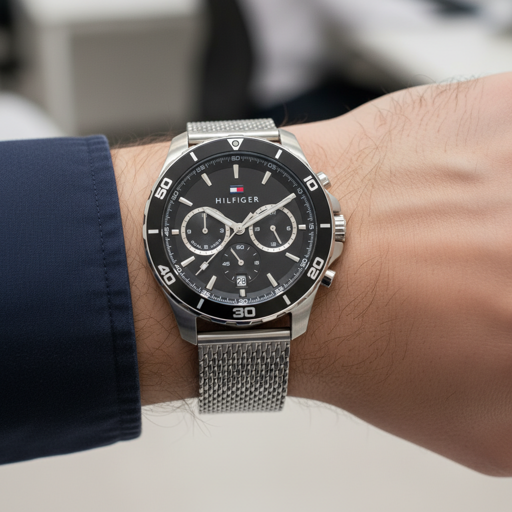 Close up shot of Tommy Hilfiger 1792092 watch on wrist showing the mesh texture and black bezel