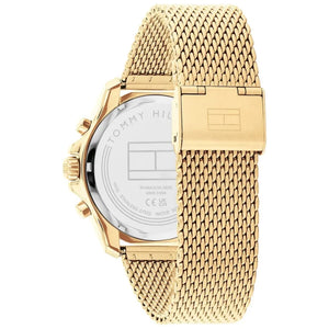 Left side perspective of the Tommy Hilfiger 1792093 green dial and gold mesh strap