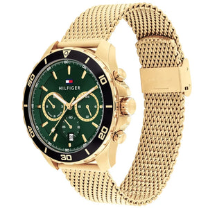 Angled view of the Tommy Hilfiger 1792093 highlighting the gold tone mesh and case