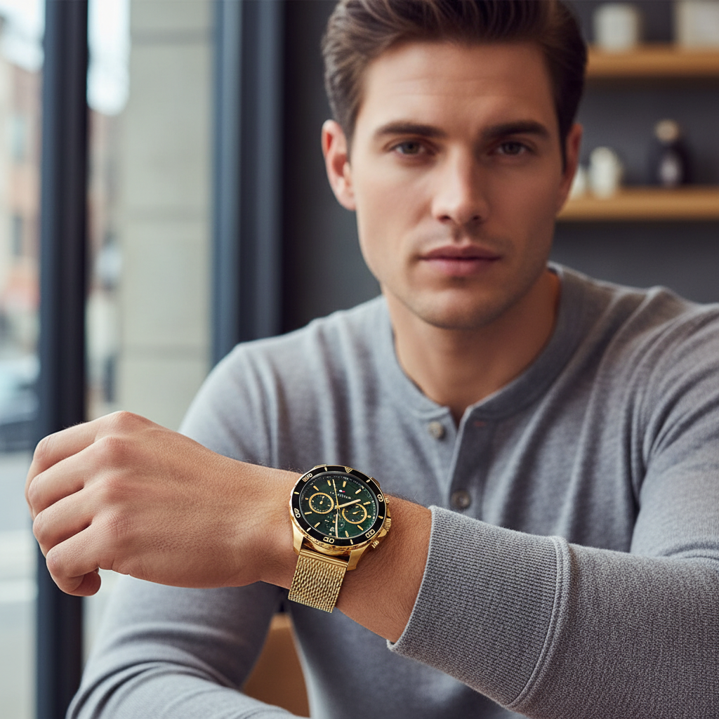 Male model wearing Tommy Hilfiger 1792093 gold mesh watch with a trendy casual outfit