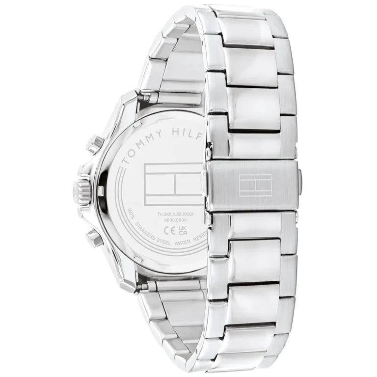 Left side perspective of the Tommy Hilfiger 1792094 blue dial and silver bracelet