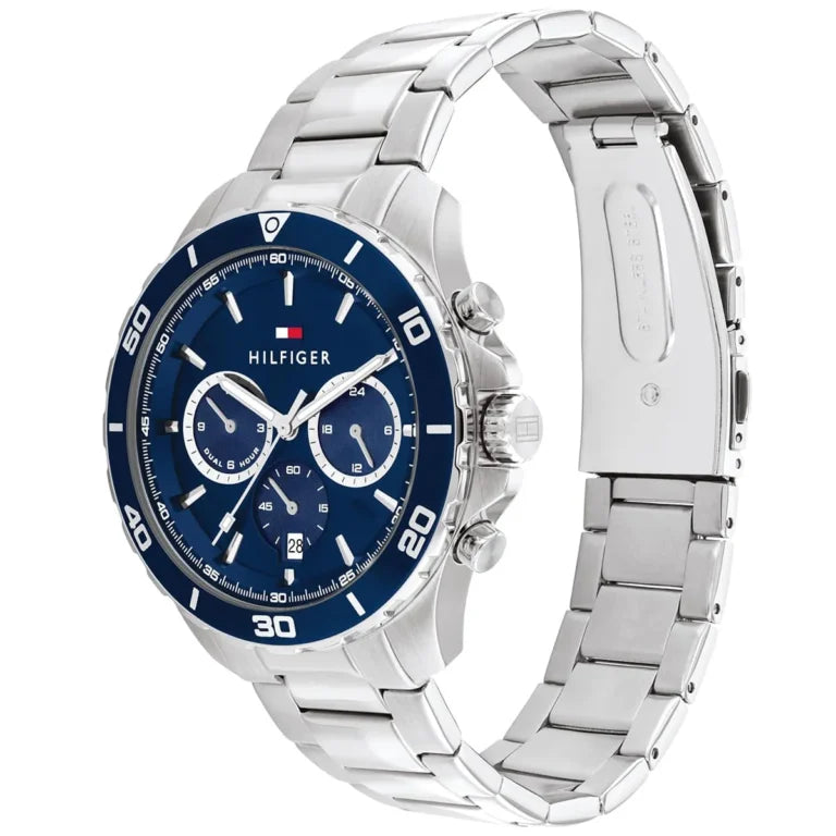Angled view of the Tommy Hilfiger 1792094 highlighting the polished silver stainless steel case