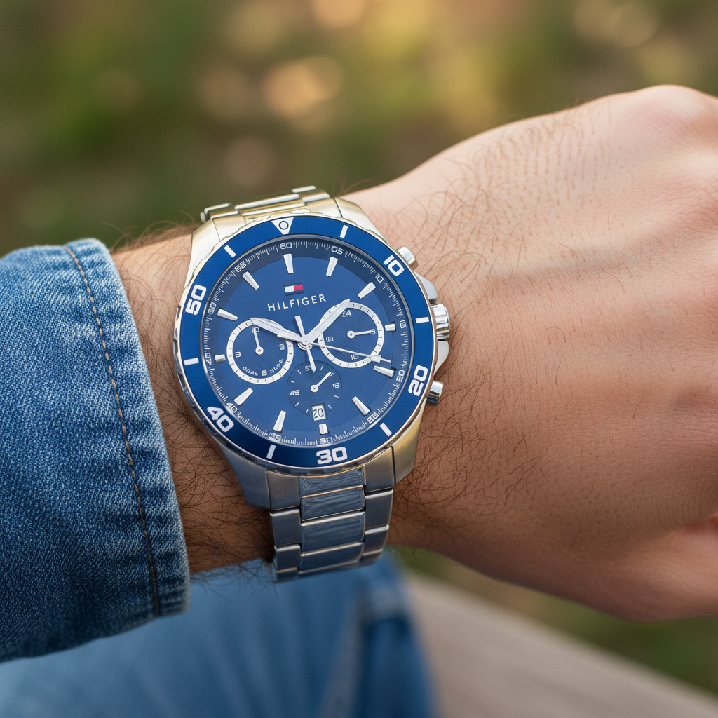 Close up shot of Tommy Hilfiger 1792094 watch on wrist showing the blue bezel and sub-dials