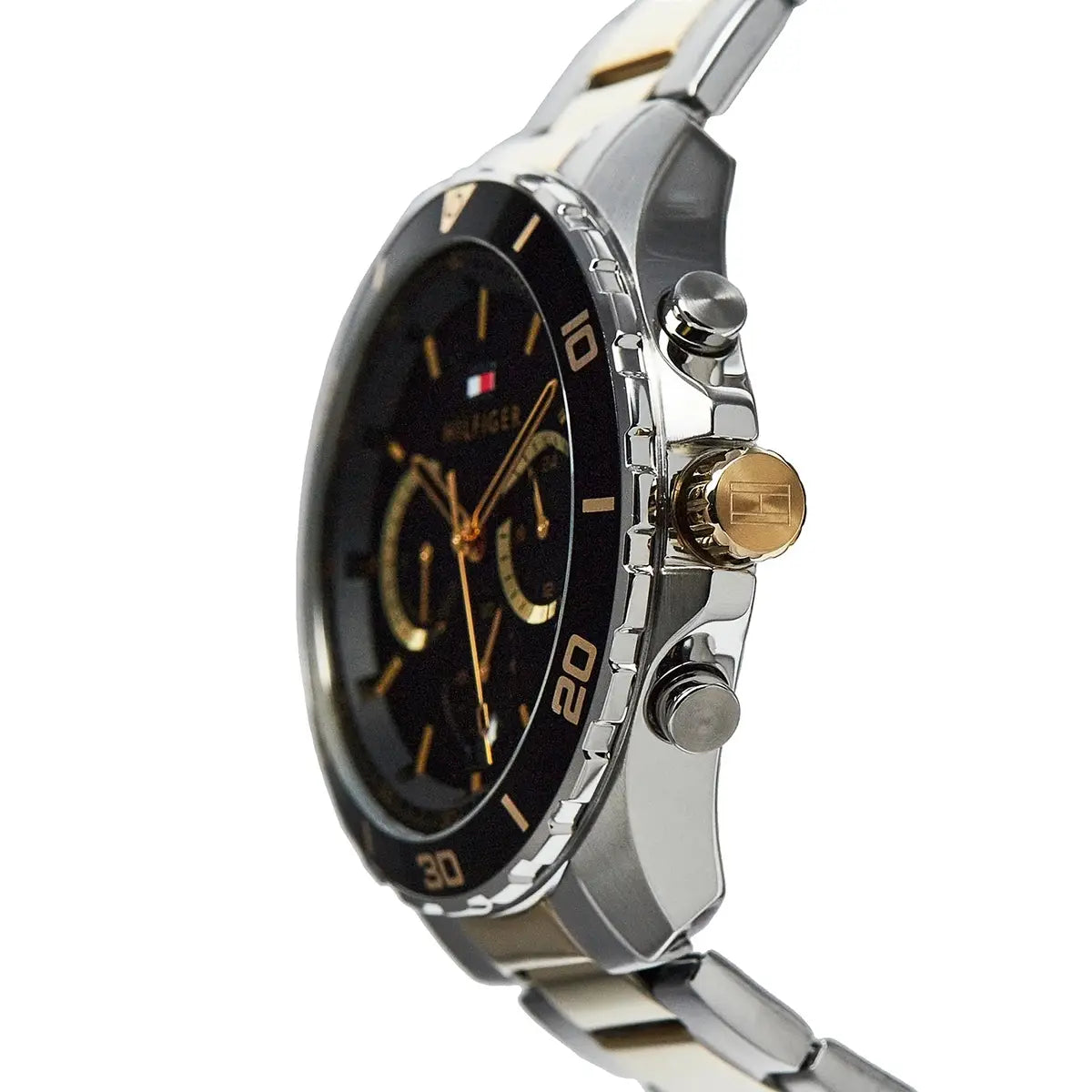 Left side perspective of the Tommy Hilfiger 1792095 black dial and two-tone bracelet