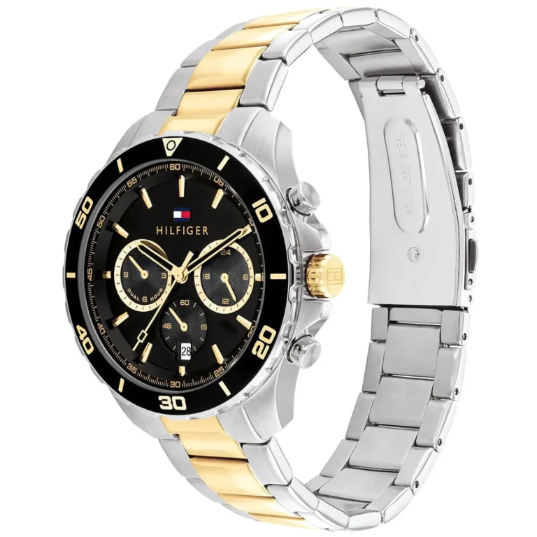 Angled view of the Tommy Hilfiger 1792095 highlighting the polished silver and gold stainless steel case