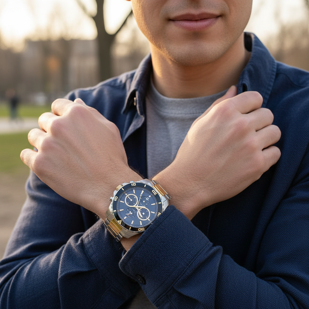 Male model wearing Tommy Hilfiger 1792095 two-tone watch with a smart casual luxury outfit