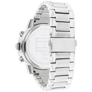 Left side perspective of the silver case and sporty bezel details of the Tommy Hilfiger watch