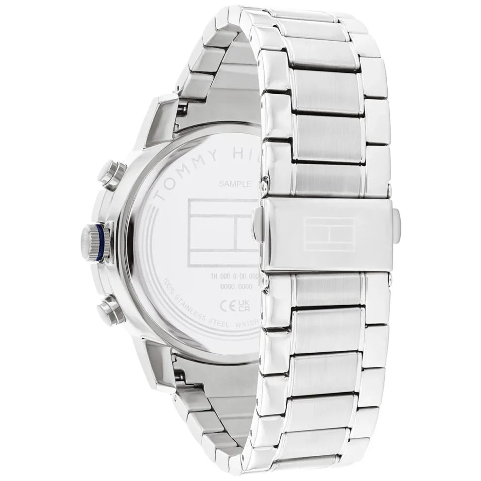 Left side perspective of the silver case and sporty bezel details of the Tommy Hilfiger watch