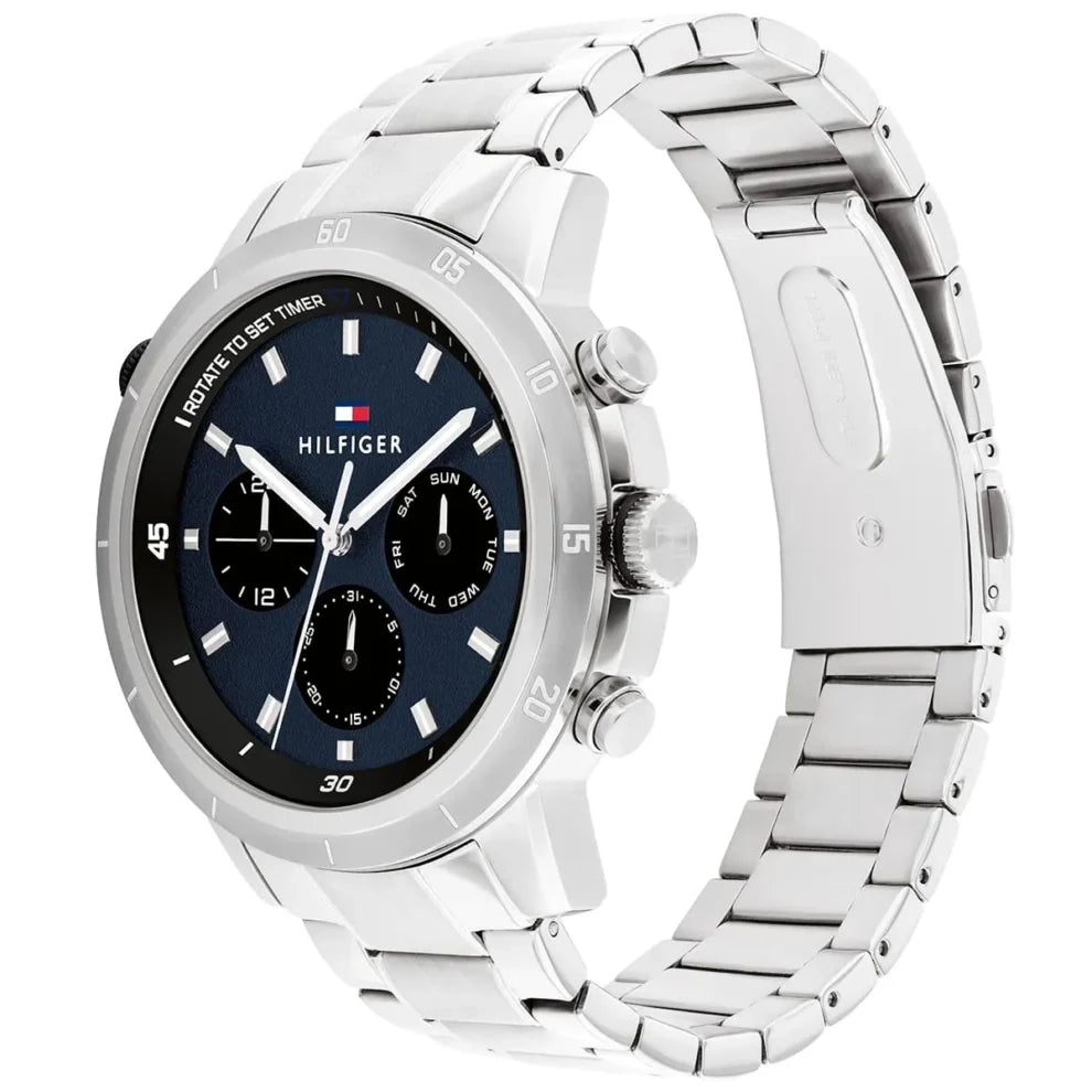 Angled view of Tommy Hilfiger 1792104 highlighting the polished silver case and integrated stainless steel bracelet