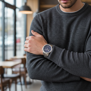 Man wearing Tommy Hilfiger Troy silver and blue watch for a sporty, dynamic, and elegant everyday look