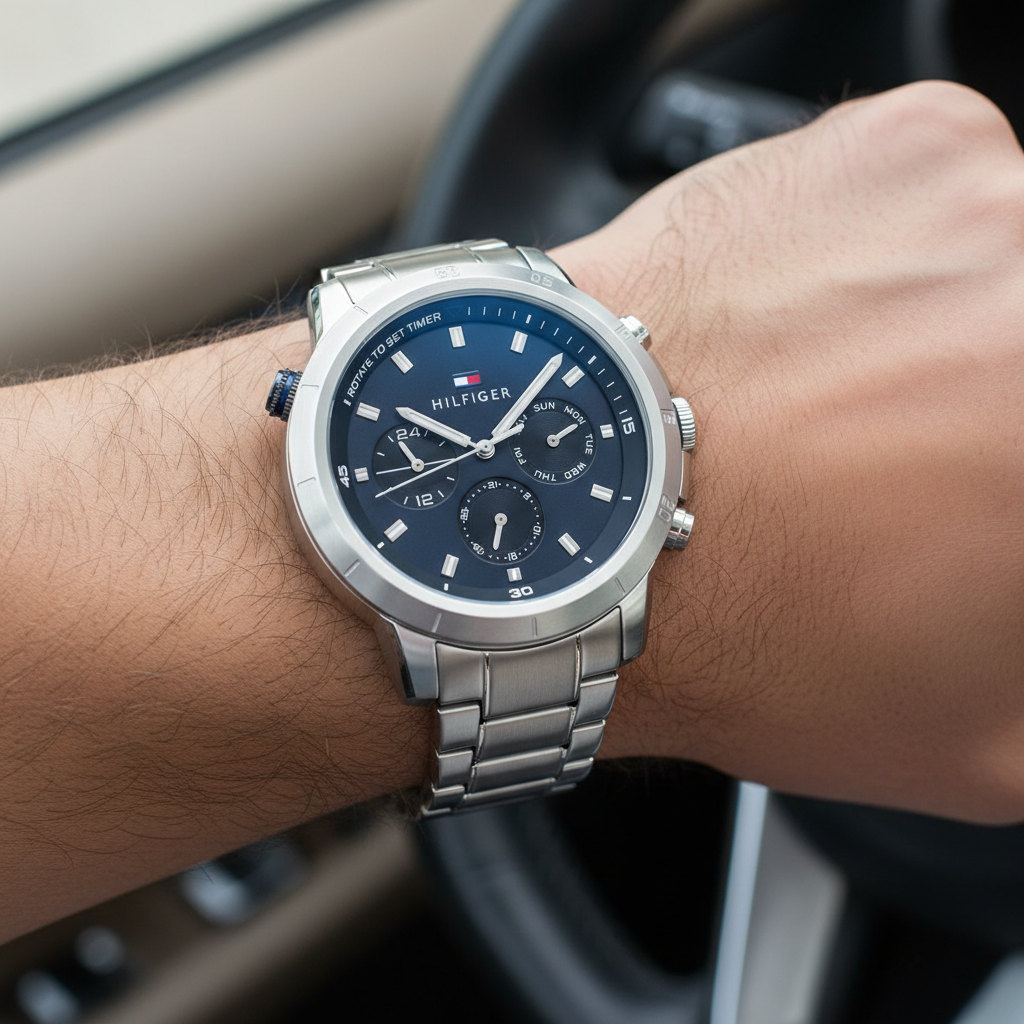 Close up shot of Tommy Hilfiger 1792104 on wrist showing the deep blue dial with multi-function sub-dials and silver-tone hands