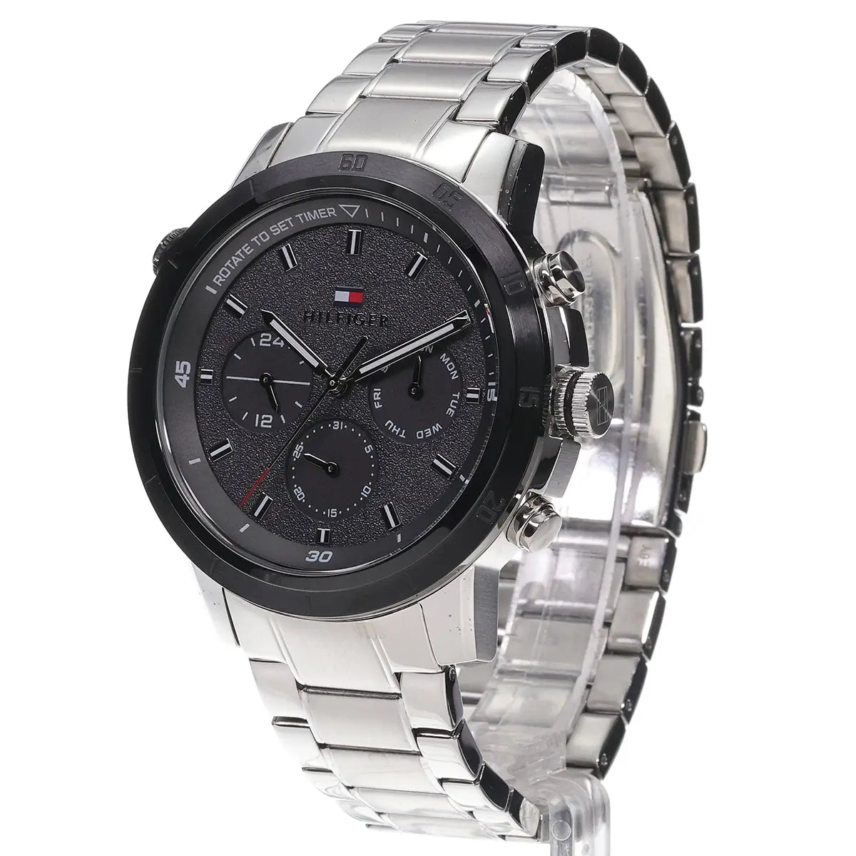 Left side perspective of the Tommy Hilfiger 1792106 black dial and silver link bracelet