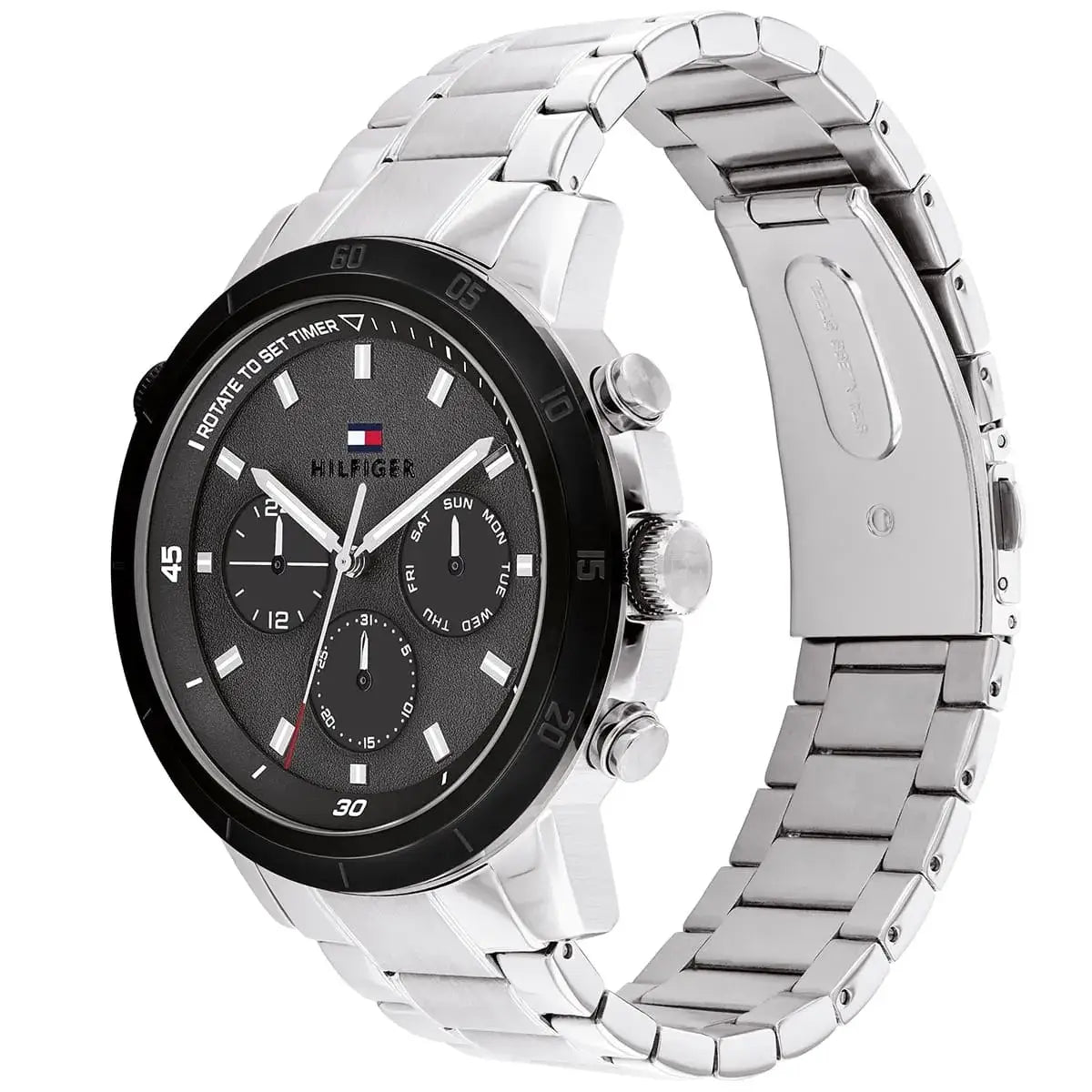 Angled view of the Tommy Hilfiger 1792106 highlighting the black bezel and polished silver-tone case