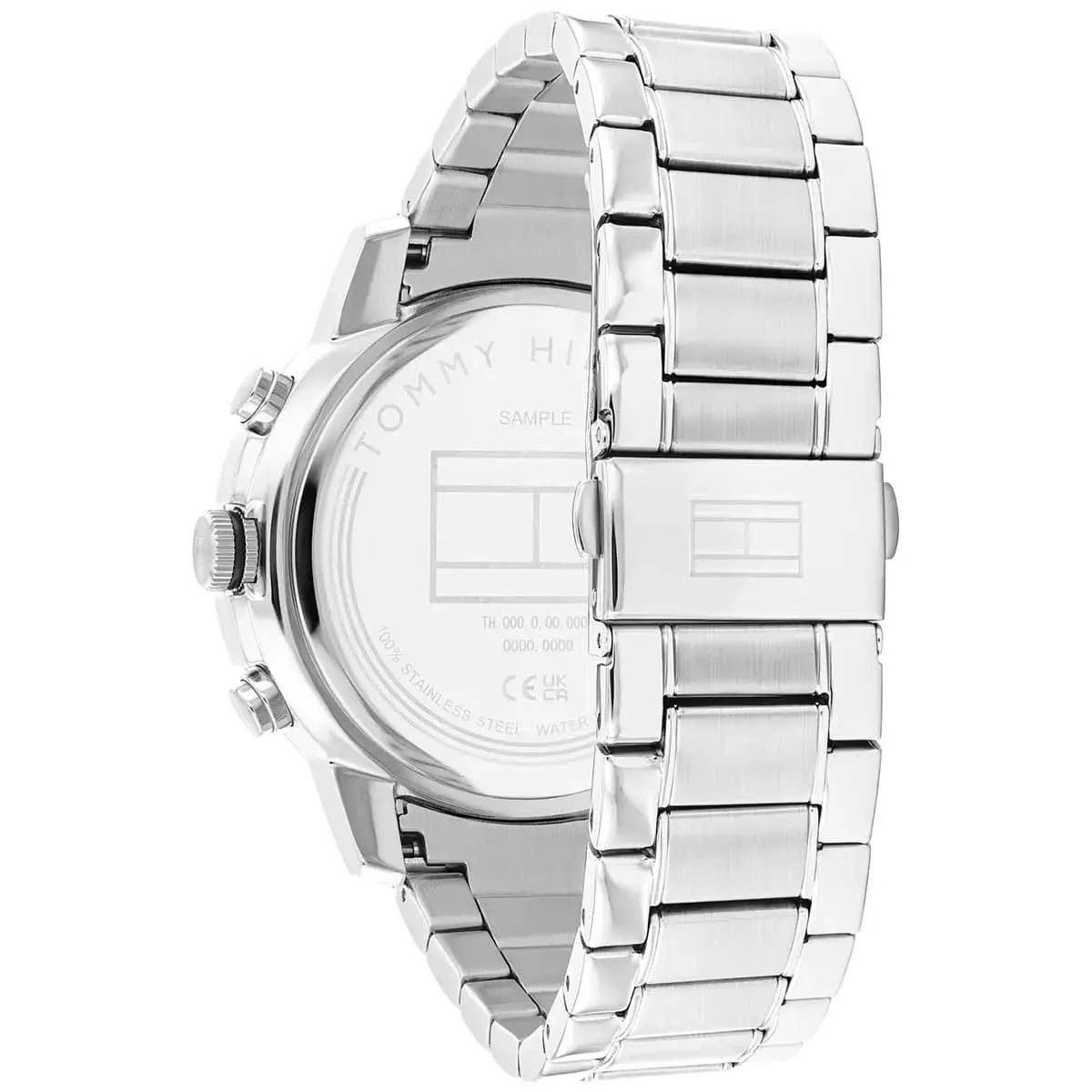 Detailed side view of the silver crown and multifunction pushers on the Tommy Hilfiger 1792106