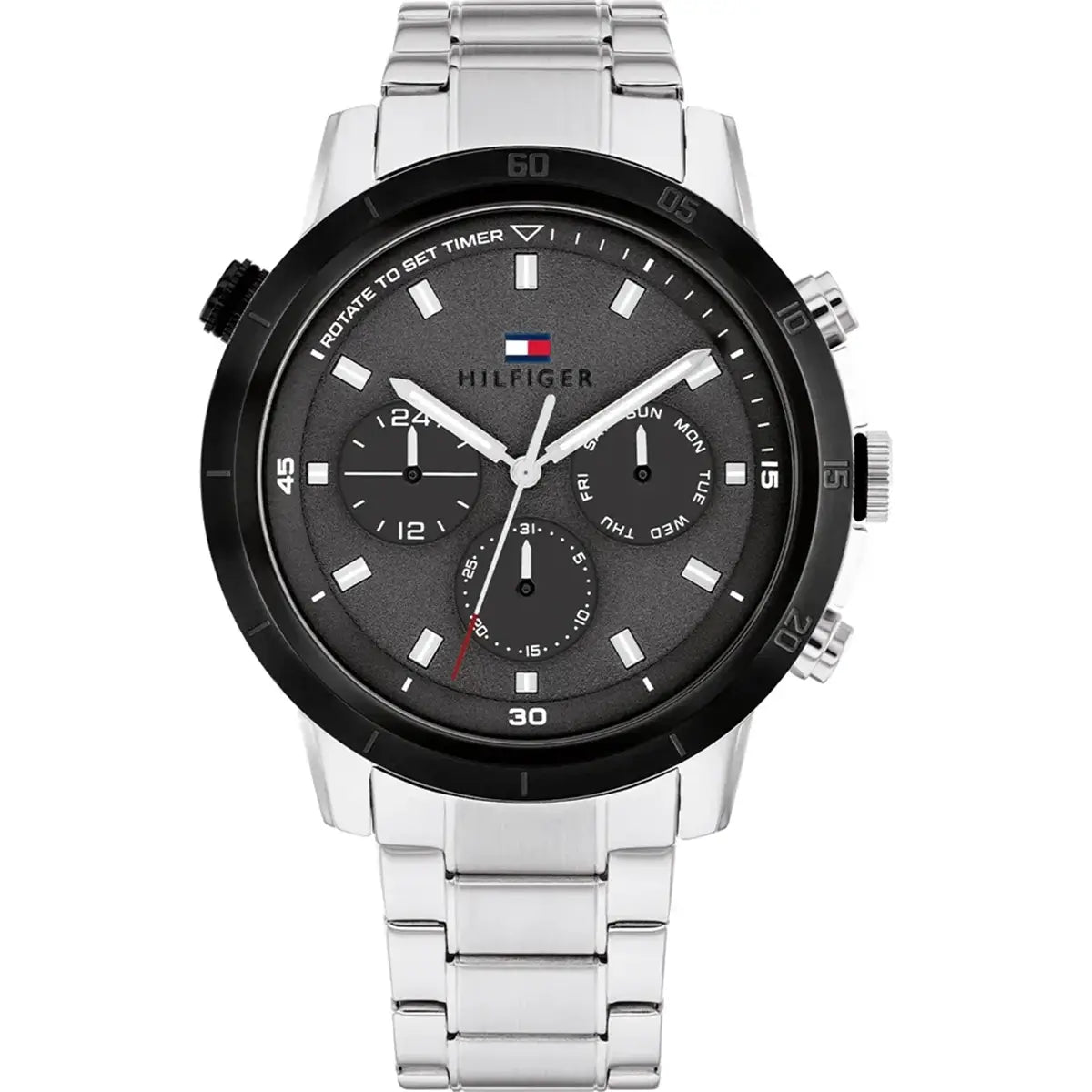 Tommy Hilfiger Troy 1792106 men's watch with silver stainless steel bracelet and black timer bezel